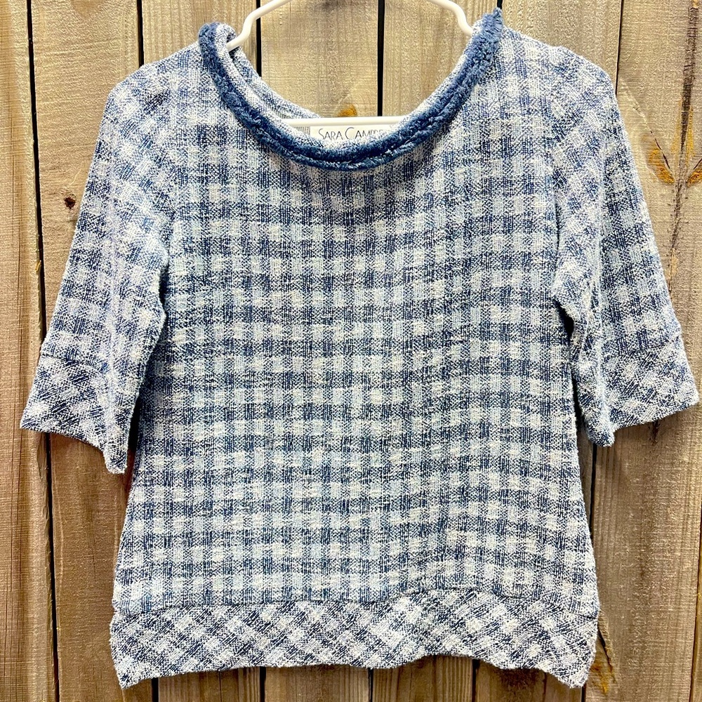 Sara Campbell top small rough texture checkered pattern cotton blend fluffy trim